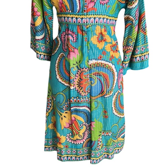 Trina Turk Floral & Metallic Silver Striped 3/4 Bell Sleeve Midi Dress - 4 - Picture 8 of 11